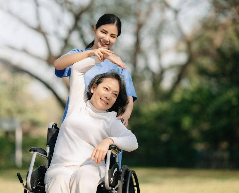 An old patient with her carer.
